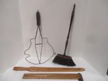 Antique Wall Mount Drying Rack, Wooden Rug Beater, Horse Hair Hearth Broom