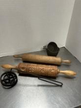 Vintage Wooden Rolling Pin, Cookie Mold Roller, Tin Measuring Cup Set
