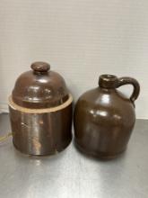 Antique Stoneware Pottery Chicken Feeder and Brown Jug