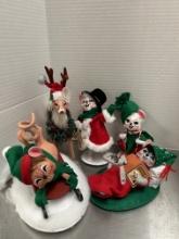 Five Annalee Felt Christmas Dolls