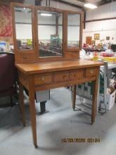 Vintage Oak Vanity with Tri-Folding Mirror Stand