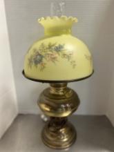 Brass Oil Parlor Lamp Converted to Electric with Satin Glass Shade