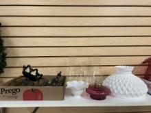 Vintage Oil Lamp Parts-Milk Glass Quilted Pattern Shade, Chimneys,