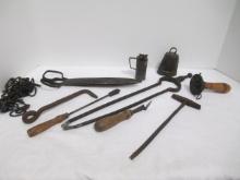 Antique Primitive Tools-Ember Tongs, Hand Held Blade Sharpener,