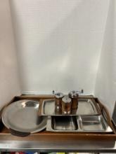 Midcentury Stainless Hostess Trays, Salt/Pepper Mills and Wood Serving T