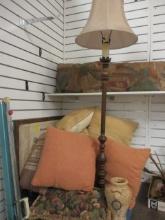 1/2 Table Lot-Wood Floor Lamp, Throw Pillows, Pottery,