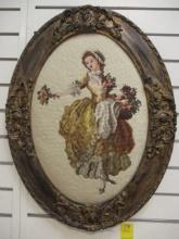 Framed Lady Flowers Needlepoint in Ornate Frame