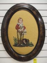 French Boy with Dog Framed Needlepoint