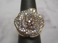 Gold on Sterling Silver Figural Rose Ring with CZ Stones