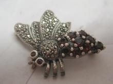 Sterling Silver Garnet Bee Brooch with Marcasites