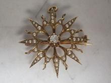 14k Gold Antique Diamond and Seed Pearl StarBurst Pin or Pendant