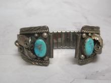 Vintage Sterling Silver Navajo Turquoise and Bear Claw Watch Band Parts