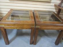 Pair of Beveled Glass Top End Tables with Brass Accents.