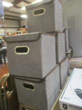 Seven Collapsible Cloth Storage Bins, Light Brown Woven Fabric.