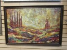 Framed Surreal Landscape, with Reds ,Golds, Browns, and Greens.