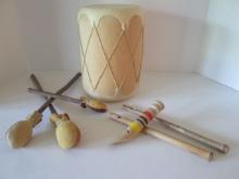 Signed Hand Carved Tribal Drum with Stretched Leather Head, Three Leather Mallet