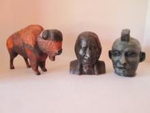 Rustic Carved Wood Folk Art Native American Bust and Buffalo and Sculpted