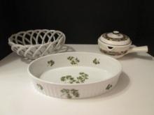 Parsley Oven to Table Cookware, Woven Pottery Bread Basket and Flame-Chef Sauce Pot