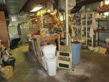 Contents of Garage Back Right Corner-Milwaukee Bench Grinder, Hand Tools,