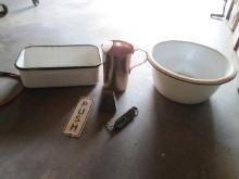 Enamel Dish Pan and Refrigerator Box, Aluminum Pitcher, Embossed "Push"