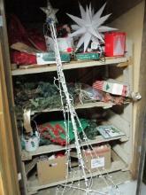 Contents of Christmas Closet-Garland, Yard String Light Tree, Ornaments,