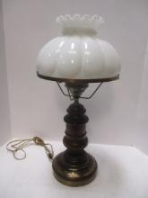Vintage Wood Hurricane Lamp with Brass Base and White Glass Globe.