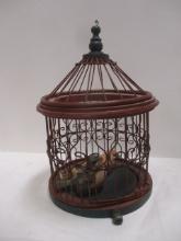 Decorative Tabletop or Hanging Wood Bird Cage with Two Birds.