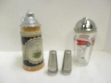 Glass Drink Shaker with Drink Recipes on it, Stainless Salt/Pepper Shakers, Stein.