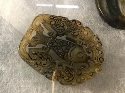 Display case w/ 5 old Asian carvings of Jade and stone