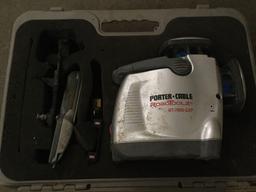 Lot of surveying equipment. Tripod, ruler, and Porter Cable RoboToolz RT-7690-2XP