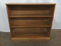 3 vintage rustic oak farmhouse style bookshelves with larger center shelf & 2 small shelves