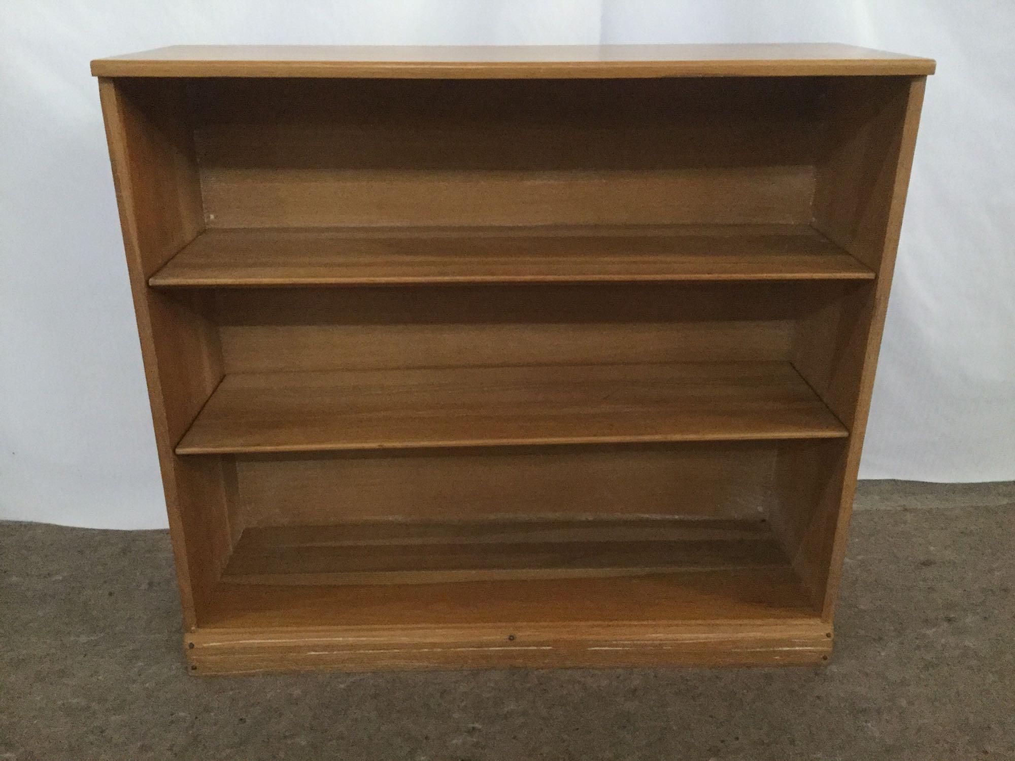 3 vintage rustic oak farmhouse style bookshelves with larger center shelf & 2 small shelves