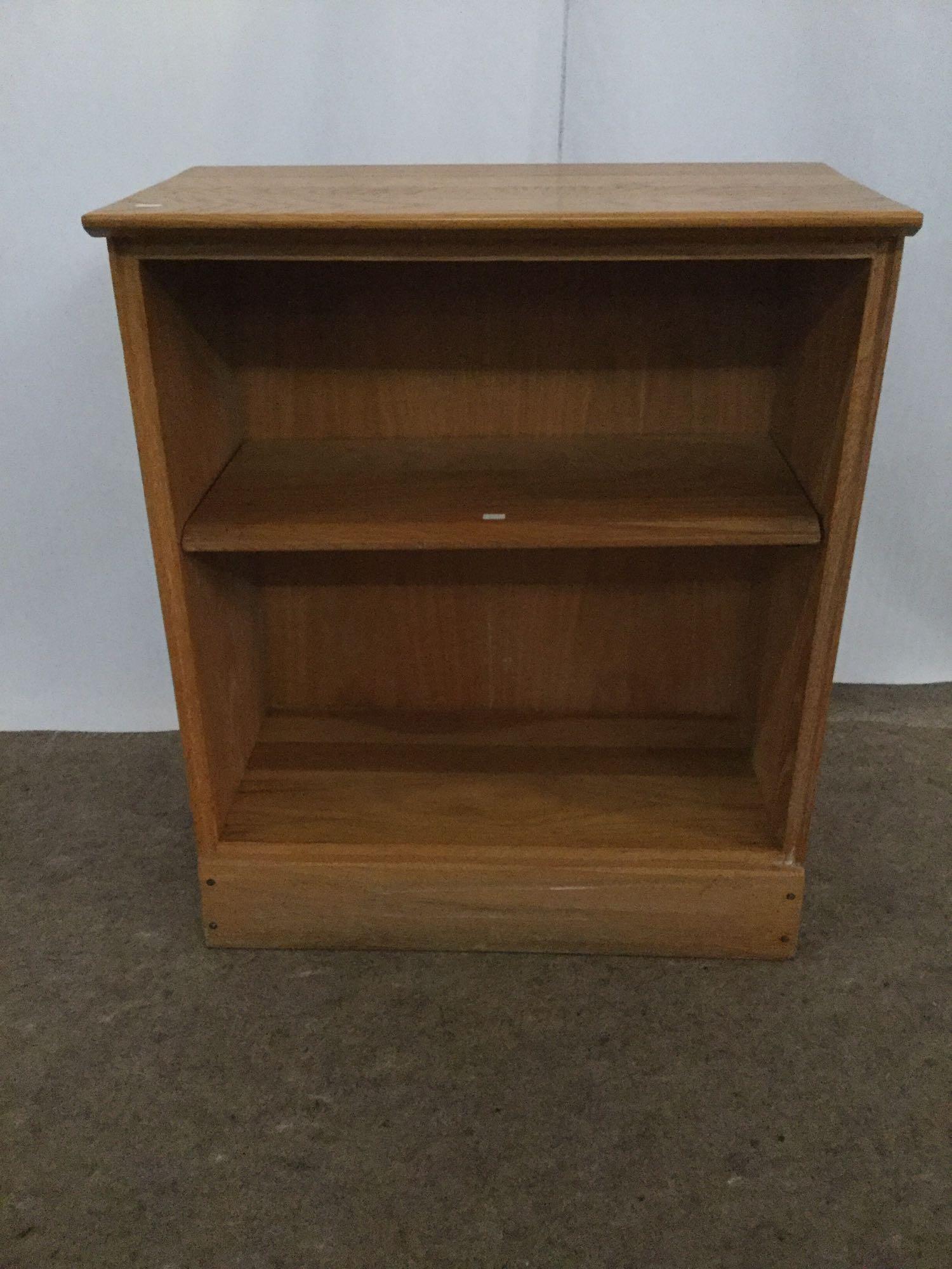 3 vintage rustic oak farmhouse style bookshelves with larger center shelf & 2 small shelves