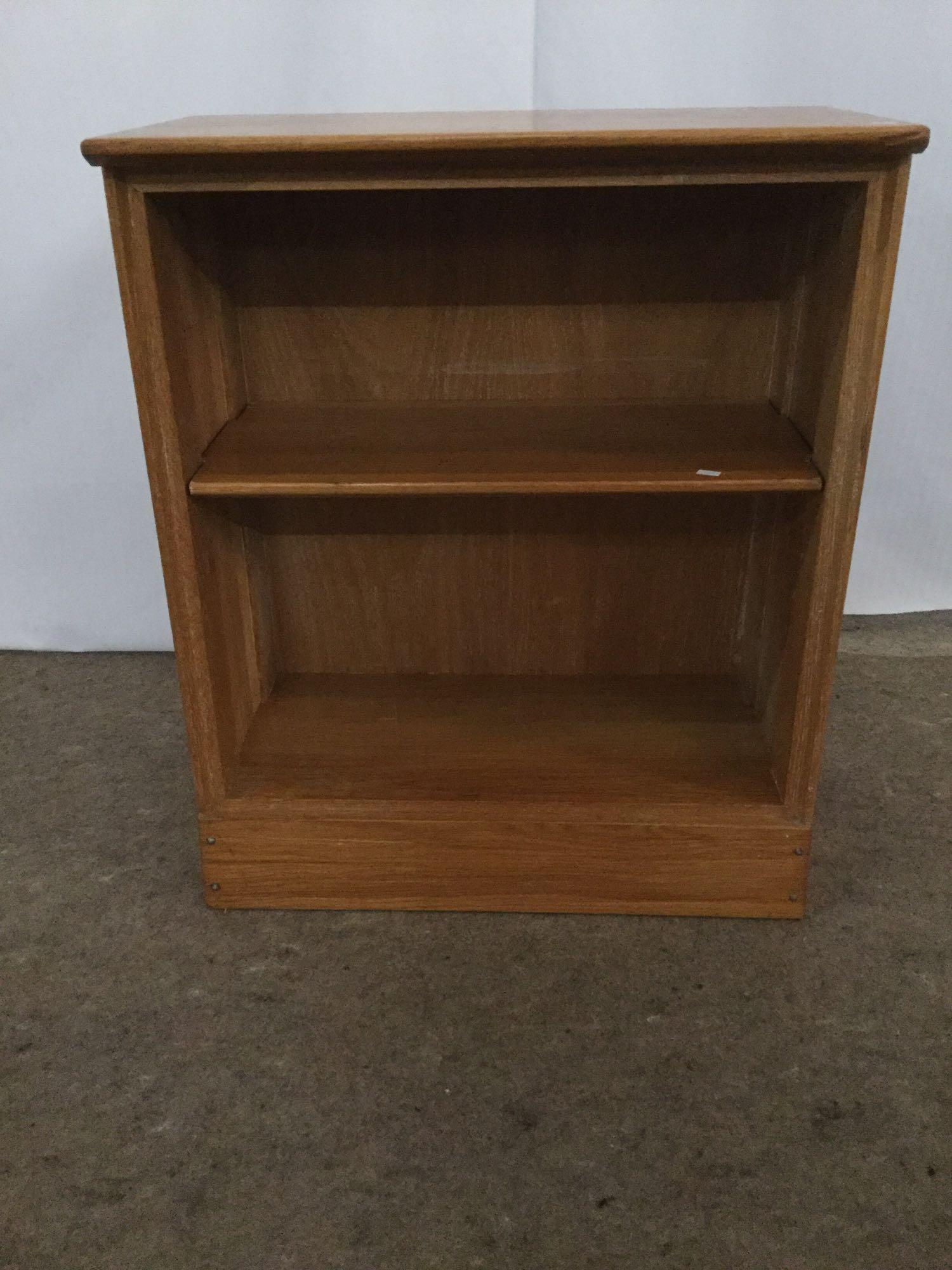 3 vintage rustic oak farmhouse style bookshelves with larger center shelf & 2 small shelves