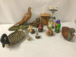 12 pc lot of bird figures incl. duck lamp, goose serving tray and other bird design collectibles