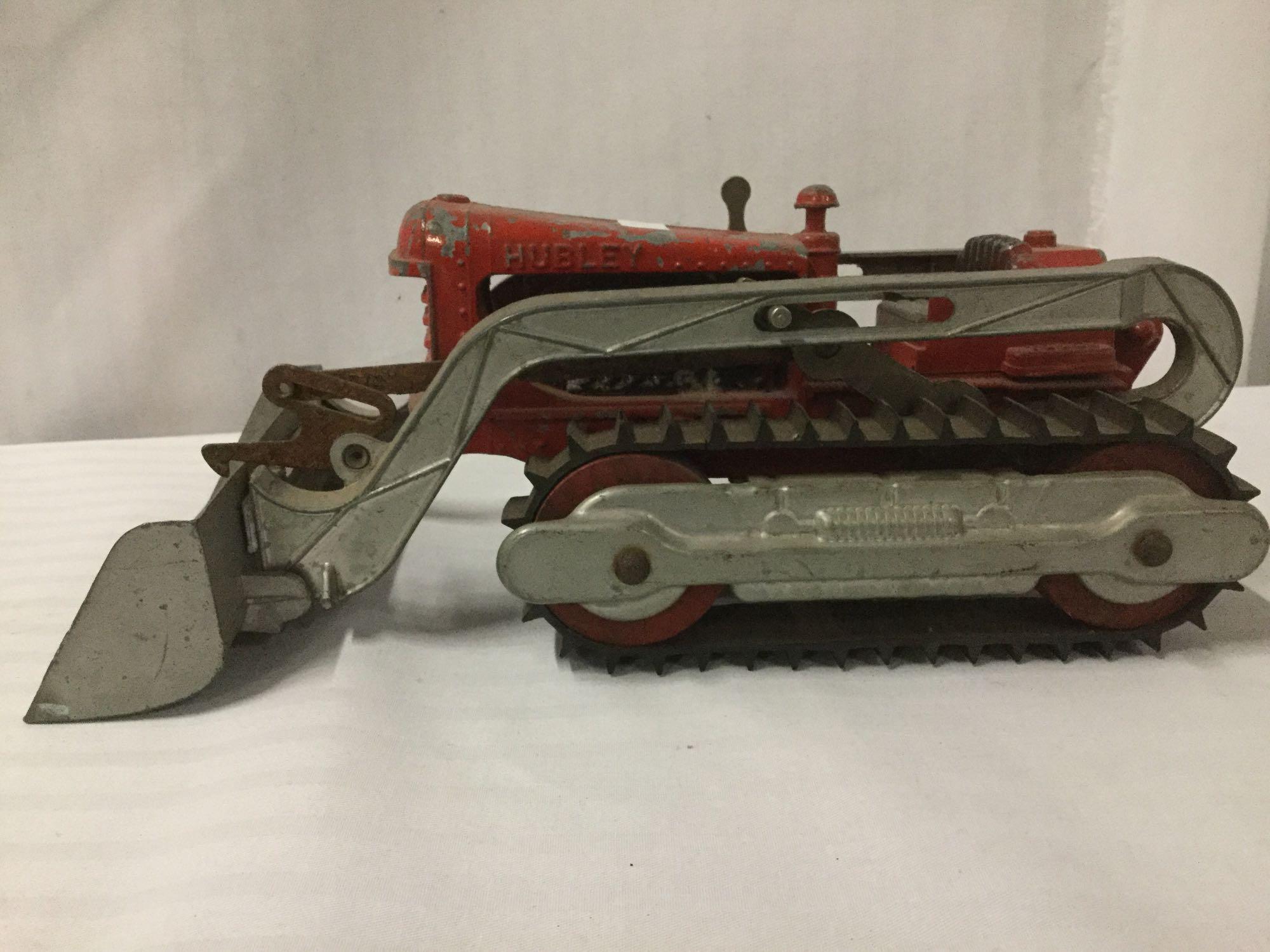 2 Hubley toy bulldozers incl. 1 yellow Hubley Diesel Toy bulldozer & 1 red Hubley toy bulldozer