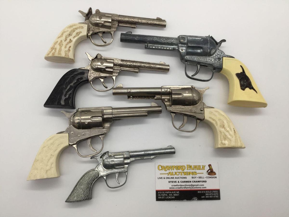 6 vintage Hubley metal cap gun pistol circa 40-60s - no model names, various designs - see desc as