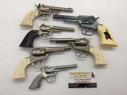 6 vintage Hubley metal cap gun pistol circa 40-60s - no model names, various designs - see desc as