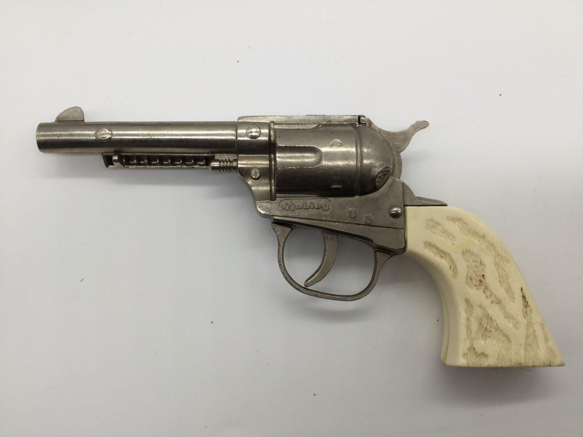 6 vintage Hubley metal cap gun pistol circa 40-60s - no model names, various designs - see desc as