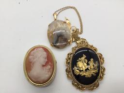 Collection of 11 vintage cameo pendant & brooches incl. shell, composite, agate etc - see pics