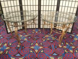 Pair of matching glass top end tables with antique'd gold tone metal frames