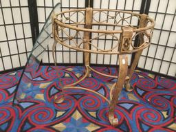 Pair of matching glass top end tables with antique'd gold tone metal frames