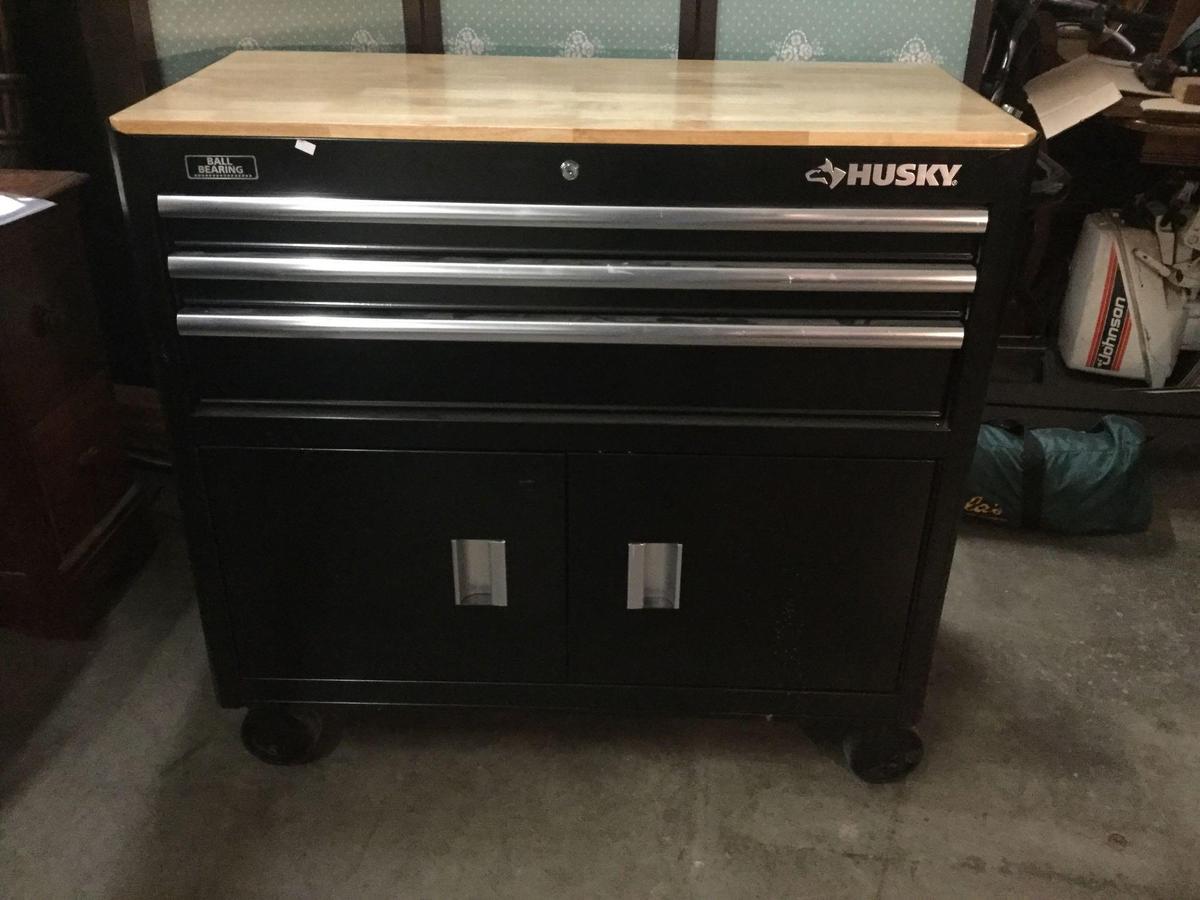 Husky rolling tool chest with wood top & misc tools inside - see pics