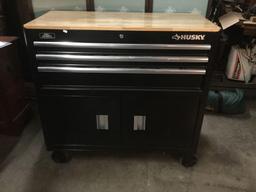 Husky rolling tool chest with wood top & misc tools inside - see pics