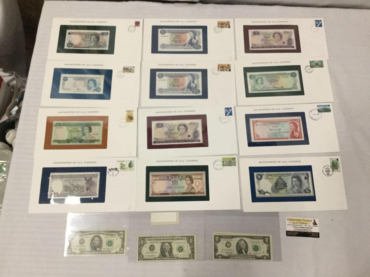 12 Franklin Mint UNC banknotes of all nations with stamps incl. 2x 1995 $2 bills, and more