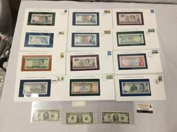 12 Franklin Mint UNC banknotes of all nations with stamps incl. 2x 1995 $2 bills, and more