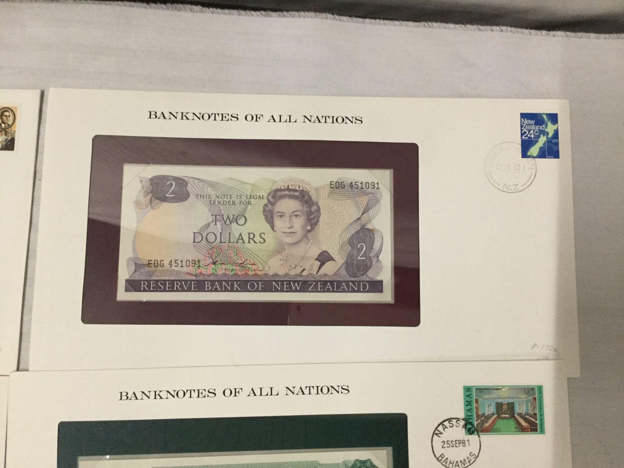 12 Franklin Mint UNC banknotes of all nations with stamps incl. 2x 1995 $2 bills, and more