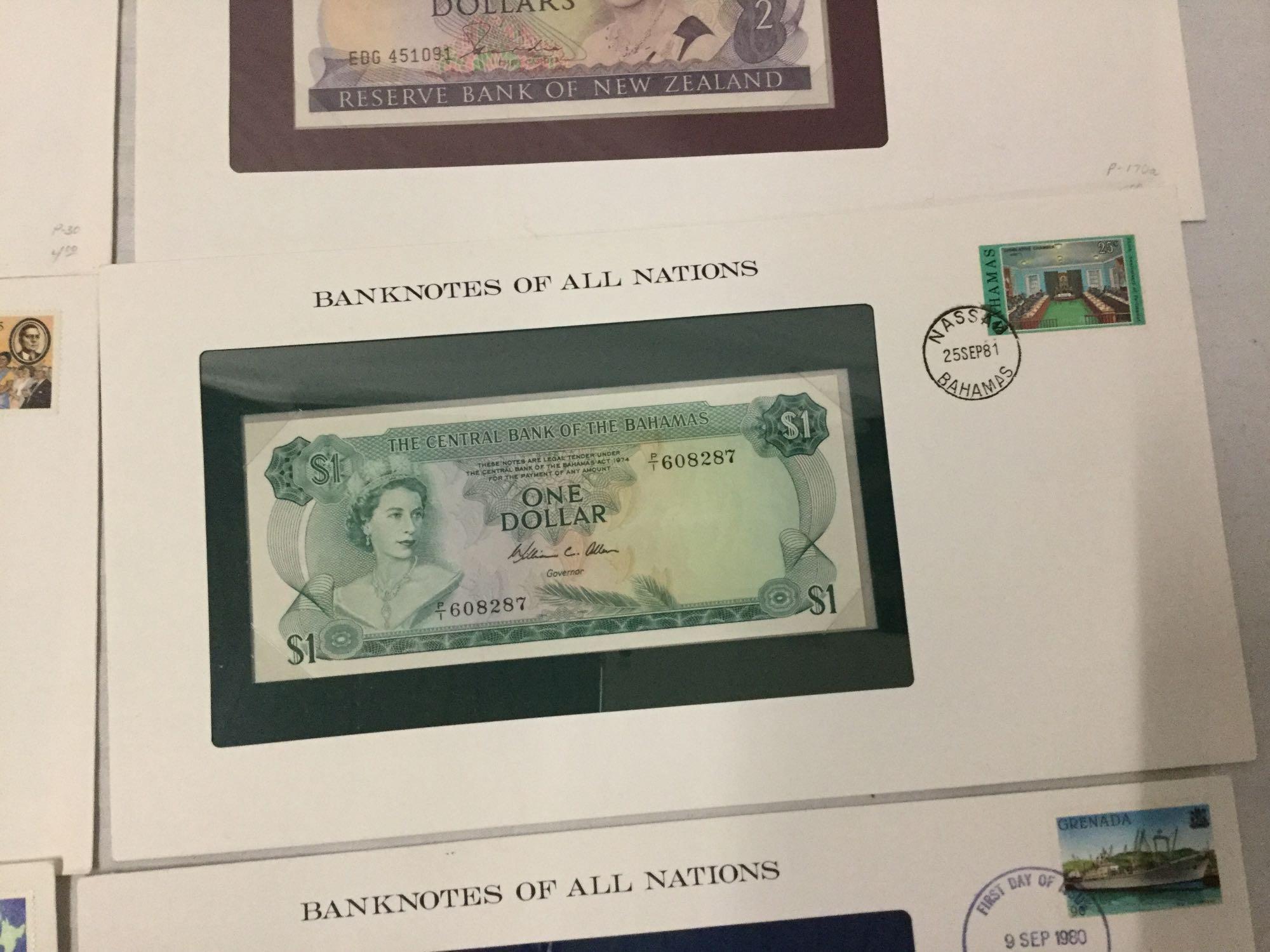 12 Franklin Mint UNC banknotes of all nations with stamps incl. 2x 1995 $2 bills, and more