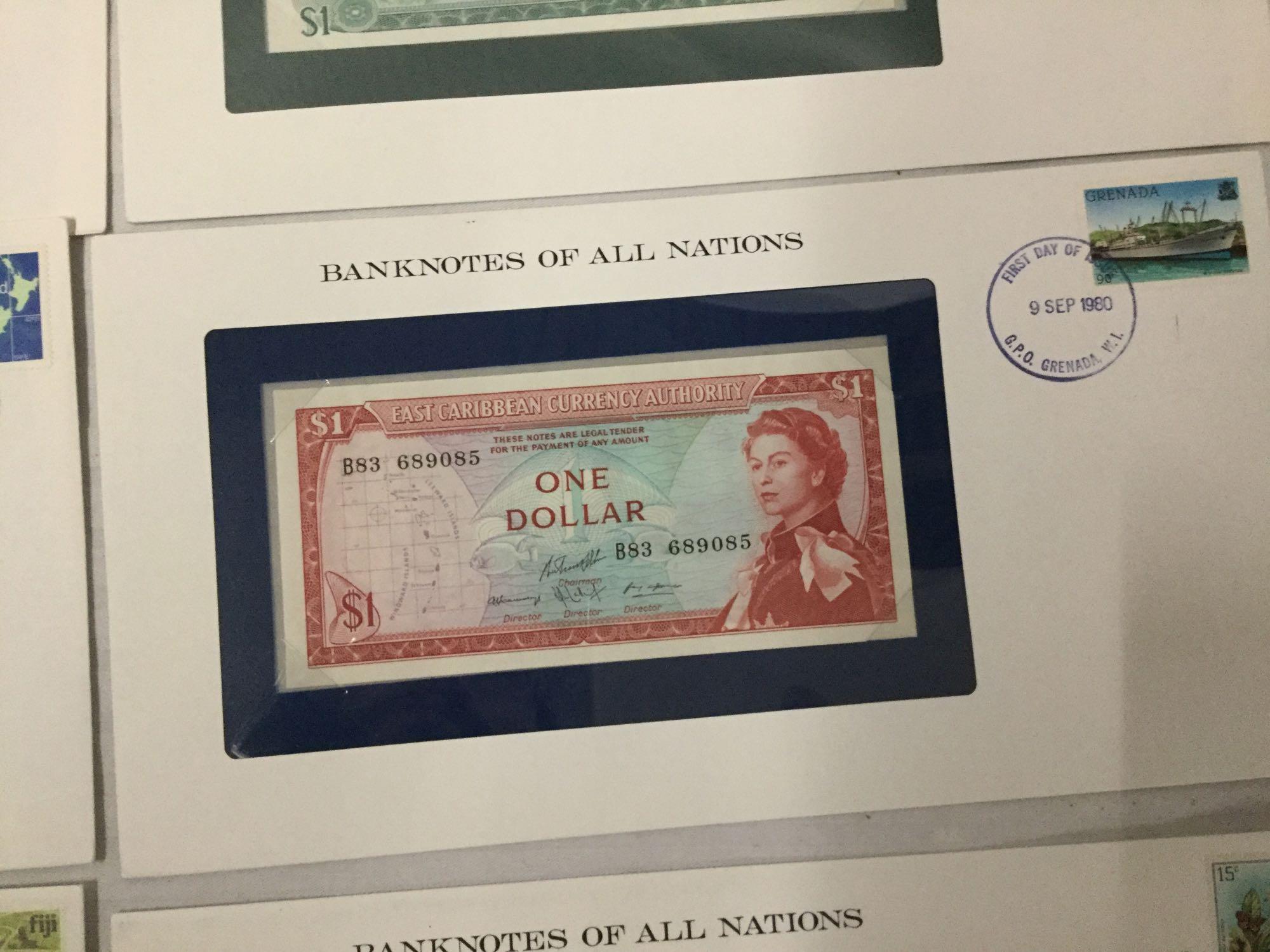 12 Franklin Mint UNC banknotes of all nations with stamps incl. 2x 1995 $2 bills, and more