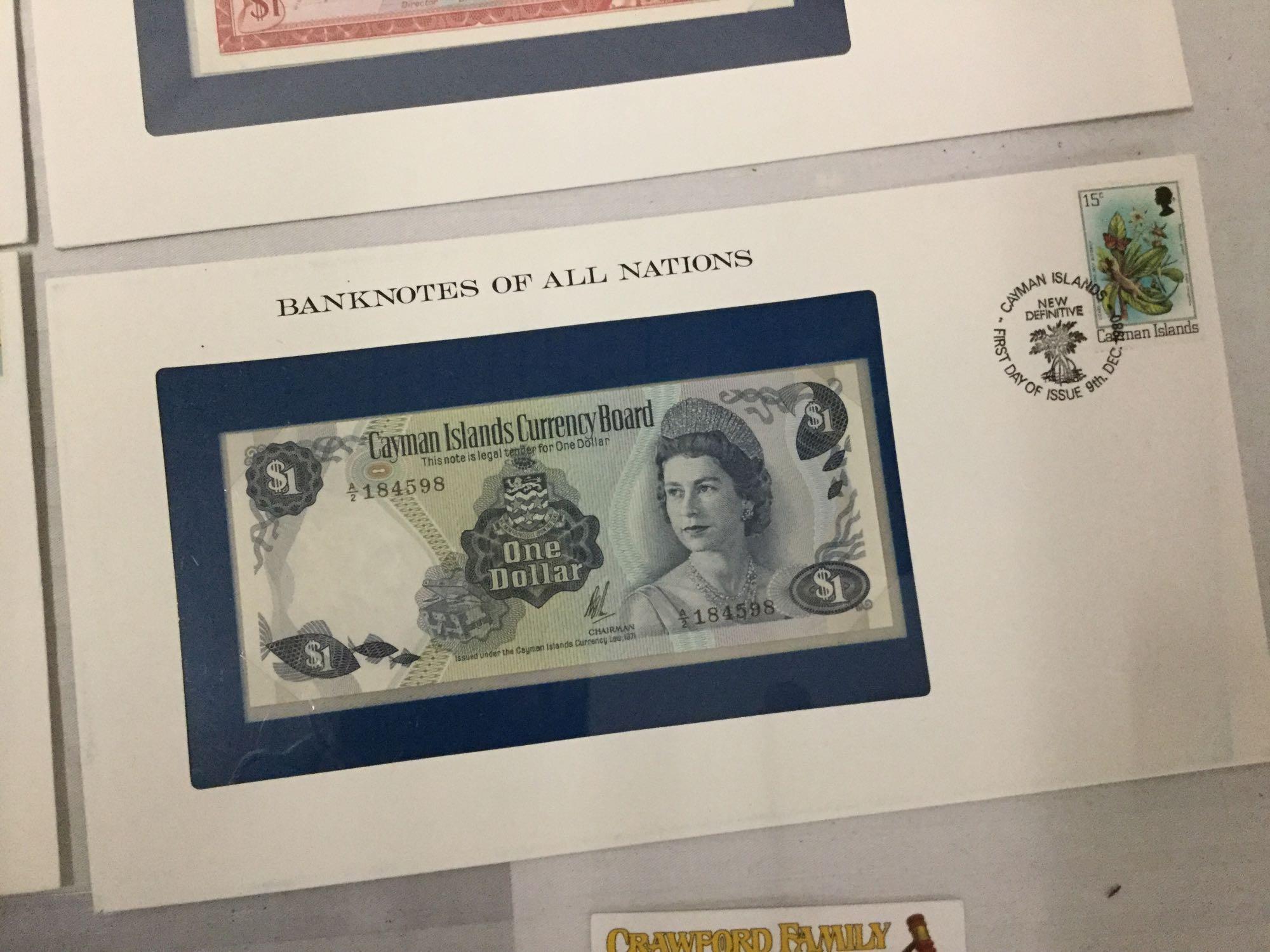 12 Franklin Mint UNC banknotes of all nations with stamps incl. 2x 1995 $2 bills, and more